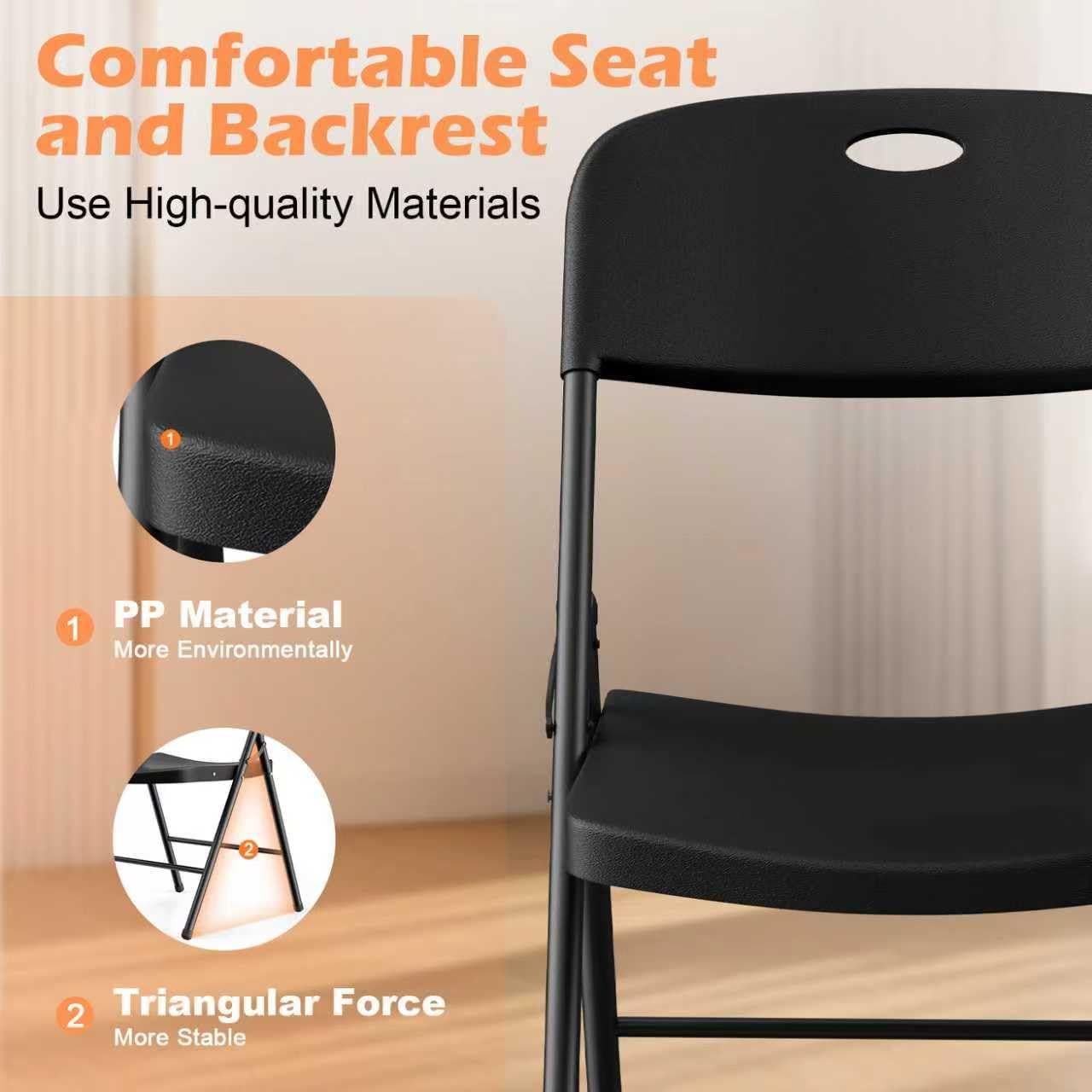 VTOY Heavy Duty Folding Chairs, 450 lbs Capacity Stackable Plastic Chairs, Durable & Comfortable for Indoor Outdoor, Wedding, Party, Patio, Office (Black 2 Pack)