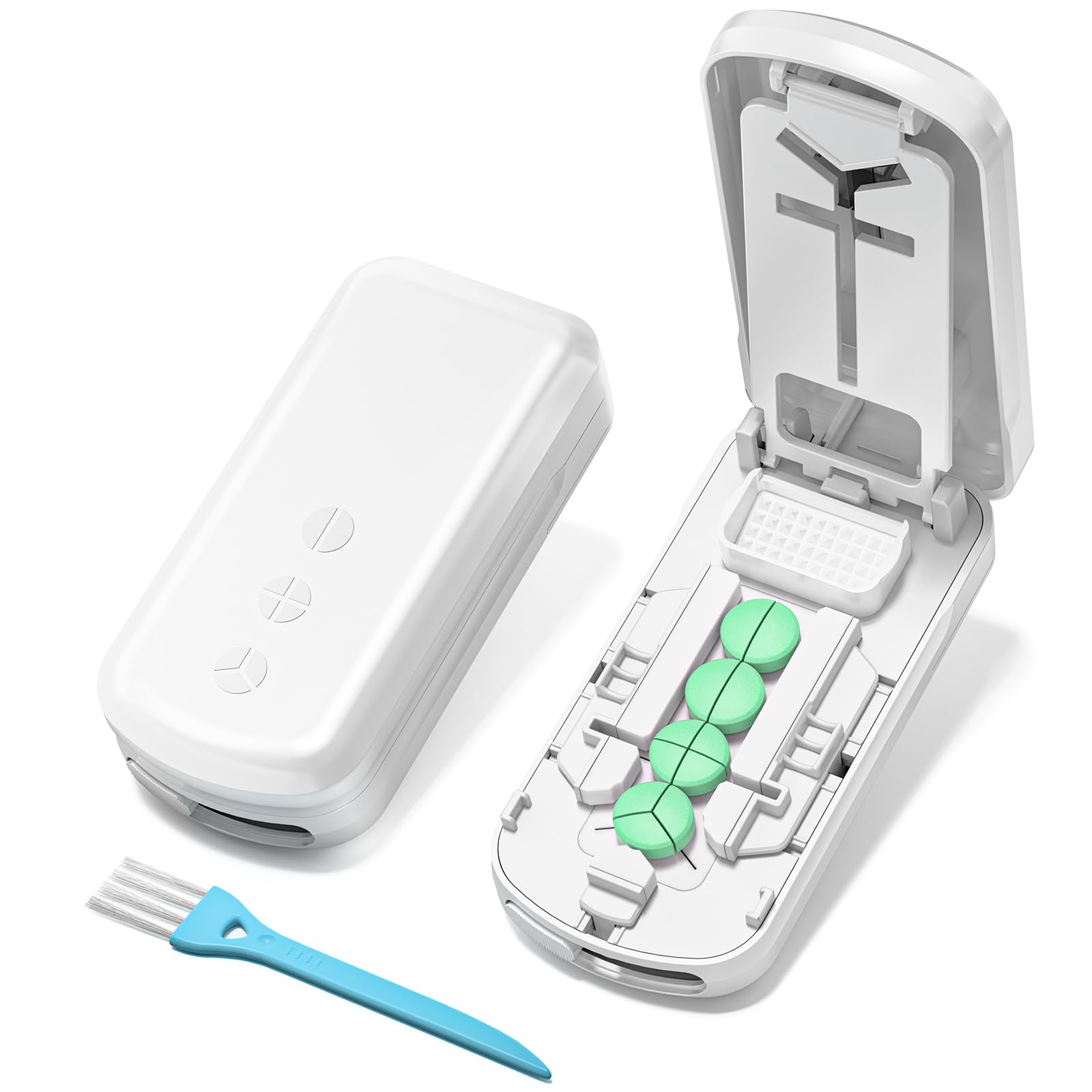 Daviky Pill Cutter Splitter for Small & Tiny Pills, Dual Safety Blades, Adjustable Centering Slot, Precise 1/2 1/3 1/4 Tablet Cutter, Built-in Storage