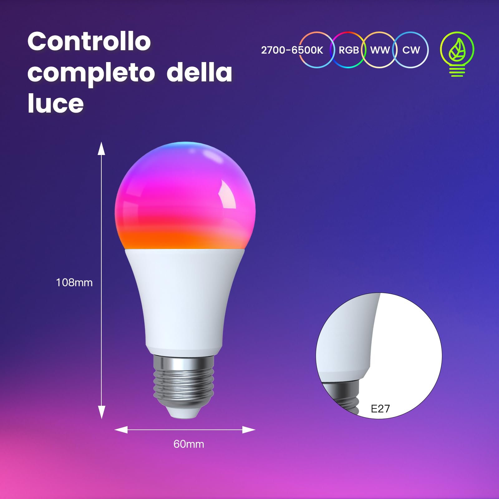 MOES Lampadina intelligente RGB E27 compatibile con Alexa Google Home | Apple Home, 9W 806LM RGB dimmerabile 16 Milioni di Colori, WiFi a 2.4GHz