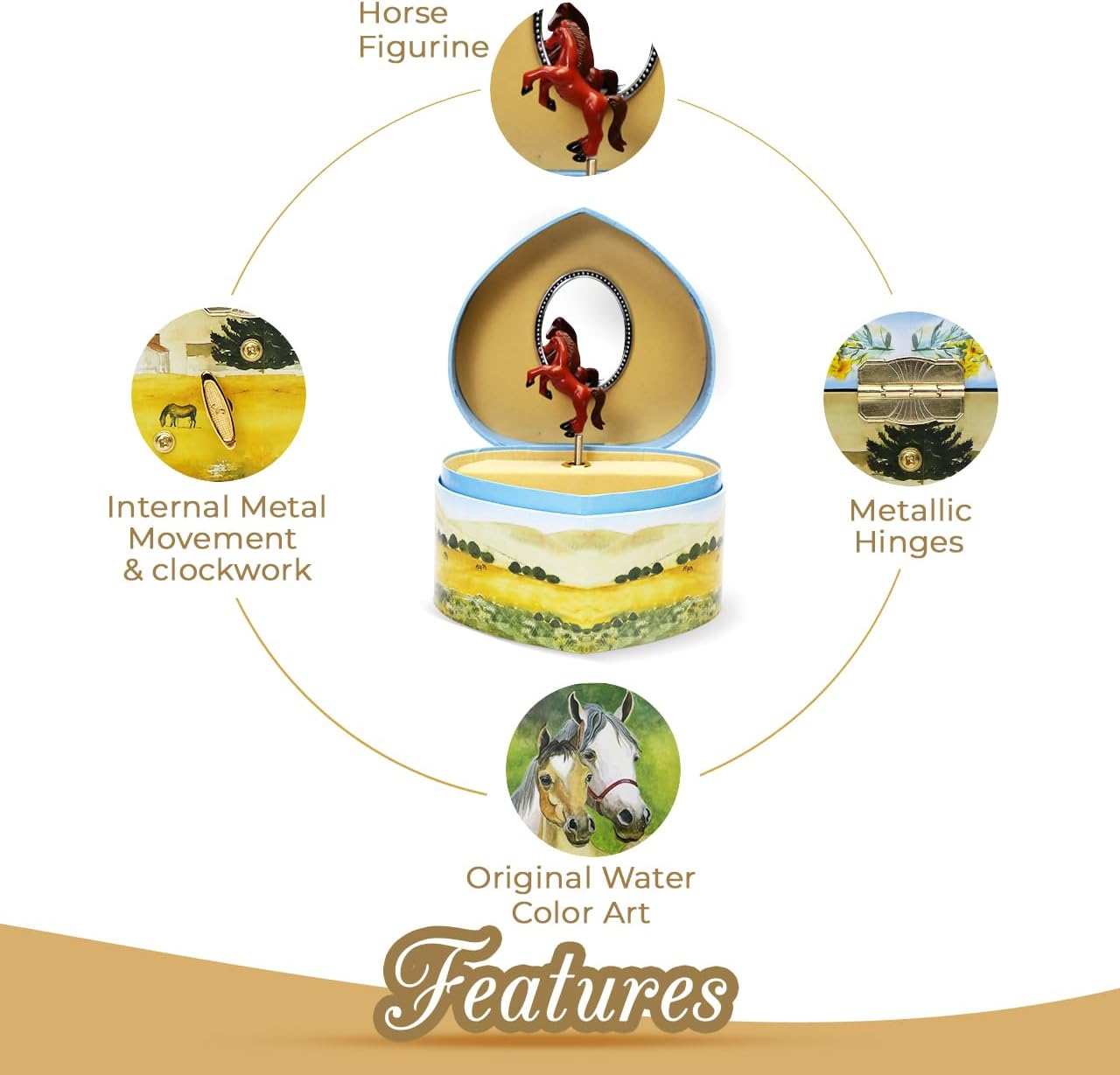 Love Of Horses Heart Musical Jewelry Box for Girls Jewelry Items – Boys Treasure Chest to Store Coins Bands & Accessories – Ideal for Birthdays Valentine's Gifts