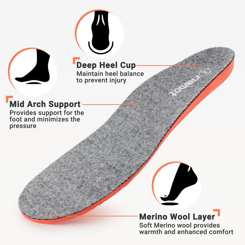 Image of riemot Merino Wool Warm Insoles for Men,Winter Boot Insert Gray US11 / EU44 | Warm comfort, PU cushioning and gentle arch support for winter boots and casual shoes, made with 30% wool and 70% polyester.
