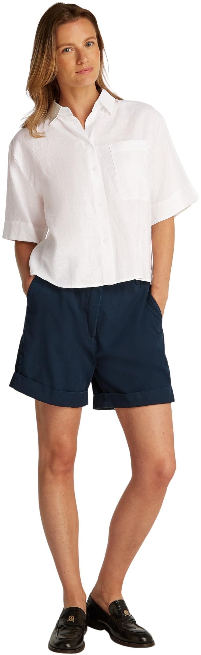 TOMMY HILFIGER Damska koszulka ESS Linen Relaxed S/S WW0WWW44720, biały (Th Optic White), 32