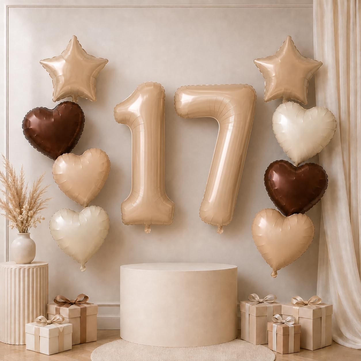 Photo 1 of 17th Birthday Balloons Decor, Helium Apricot Beige 17 Balloon, Neutral Brown Tan White Sand Cream Heart Balloon Foil Nude Taupe Star Balloons for Girls Birthday Wedding Anniversary Party Decoration