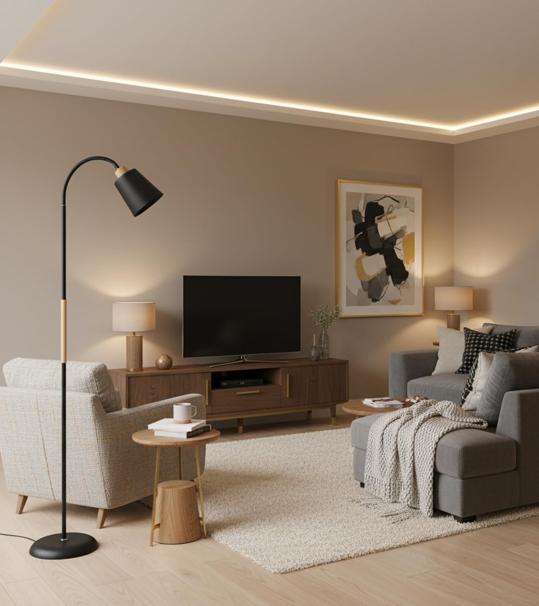 BEL AIR HOME - Lámpara de Pie SWEDEN - Metal Madera Altura 150cm Acabado Mate Brazo Orientable Portalámparas E27 Iluminación Escandinava para Salón y Lectura (NEGRO)
