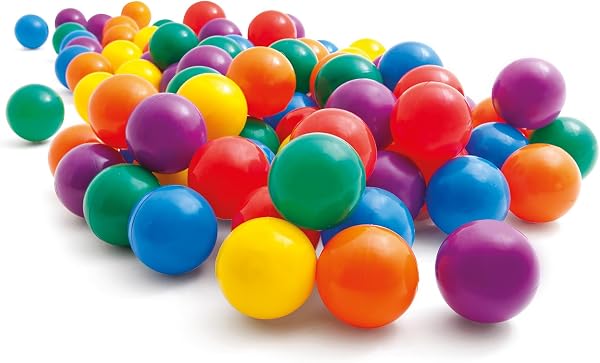 Intex Pack 100 Bolas Infantiles, Diámetro 6,5 cm, 6 Colores Surtidos, Plástico Resistente, Juego sensorial y motriz, Uso Interior y Exterior, Incluye Bolsa con asa, A Partir de 2 años (49602) - 1