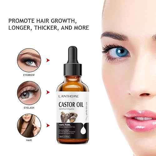 Miniatura 4 de Lanthome Aceite de ricino orgánico prensado en frío (1.7 onzas con kit de pestañas), aceite de ricino negro para pestañas, cejas y crema hidratante