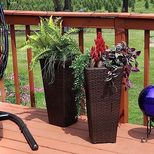Sunnydaze Square Tall Wicker Outdoor Planter Set of 2 - Polyrattan Large Outdoor Planters for Porch, Patio or Garden - 24" Tall Plant Pots - Brown - Thumbnail 7