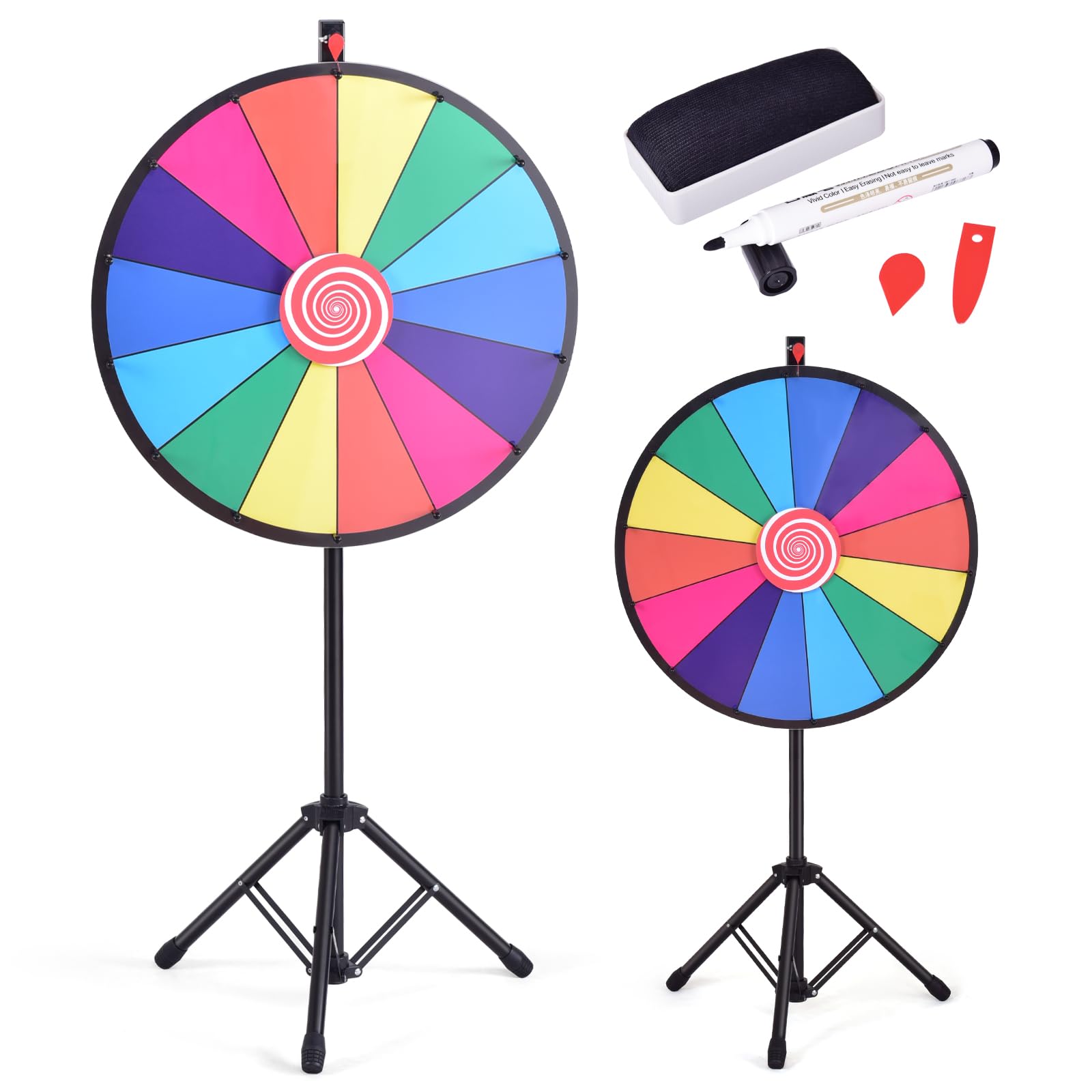 GOPLUS Roue de la Fortune 24 Pouces sur Pied, Prize Wheel 14 Grilles, Hauteur Réglable, avec Stylo Effaçable, Gomme et Pointeur, Trépied Stable et Antidérapant, pour Fêtes, Loterie et Activités