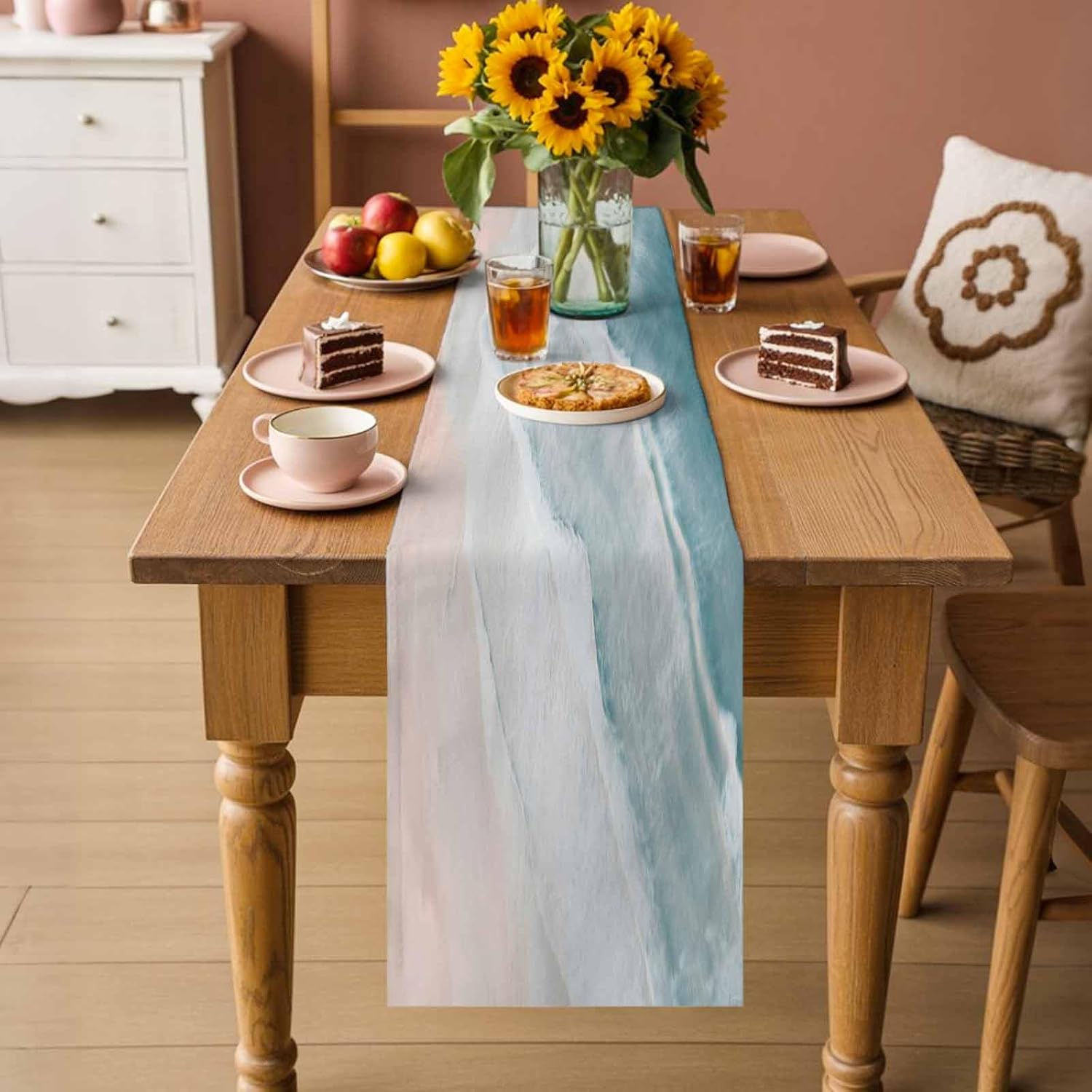 Sea Wave Table Runner 13x90 Inch - Linen Burlap Table Runners 90 inches Long, Machine Washable Table Runner for Everyday Use Home Decoration - Blue Ocean Beach Theme