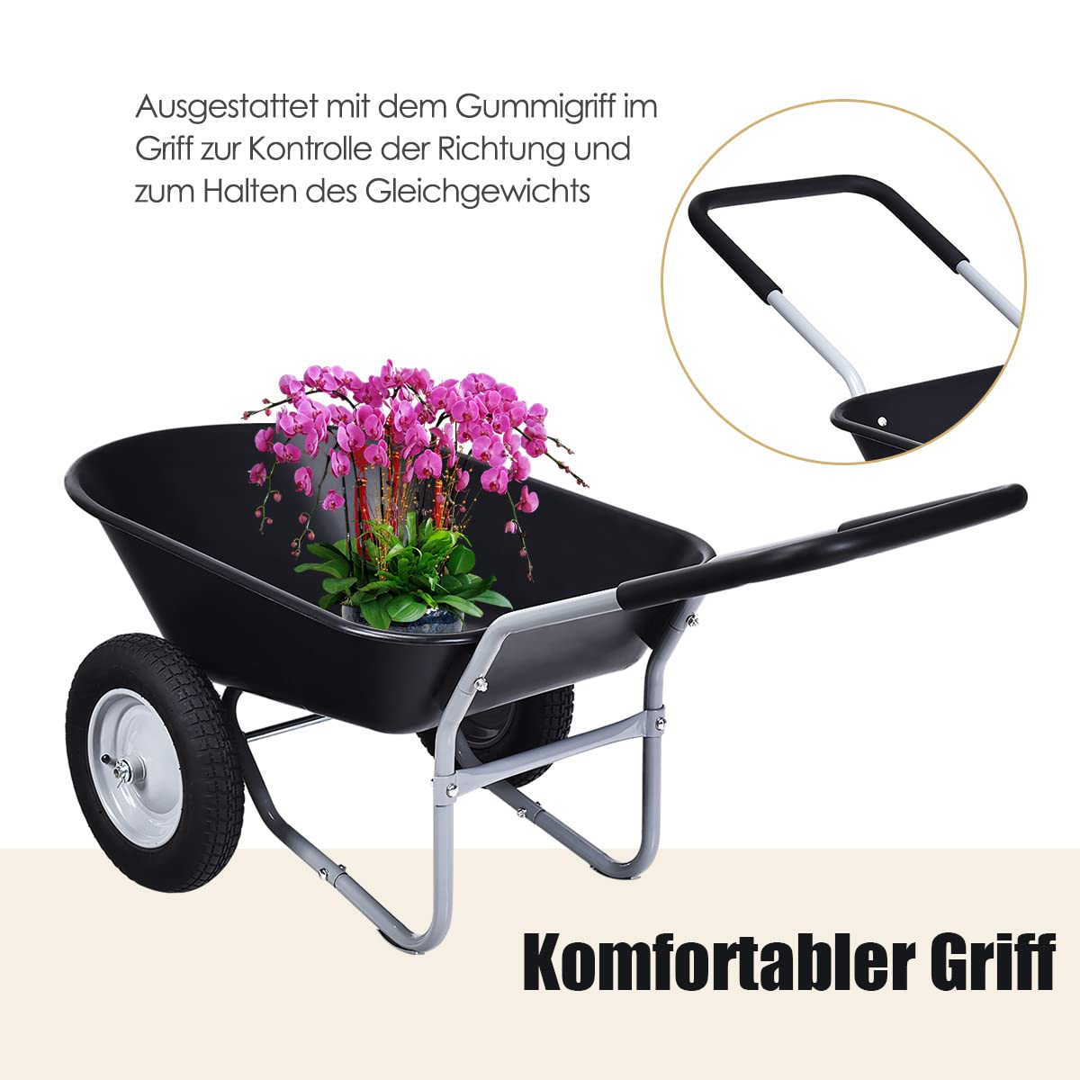 GOPLUS Taczka z 2 oponami pneumatycznymi z metalową felgą, wanną PP i uchwytami Softgrip, taczka budowlana o dużej nośności, do obornika konnego i ziemi oraz narzędzi, do ogrodu i stajni (czarna)