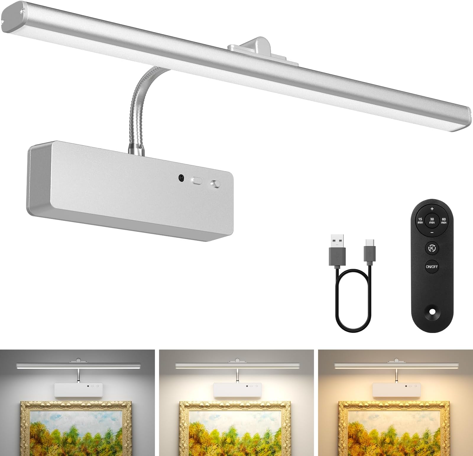 Lightbiz Picture Light, 15.35inch 5400mAh Rechargeable Picture Lights for Wall Battery Operated Wall Lights, 3 Colors Paintings Light Dimmable Art Light for Artwork, Gallery (Silver)