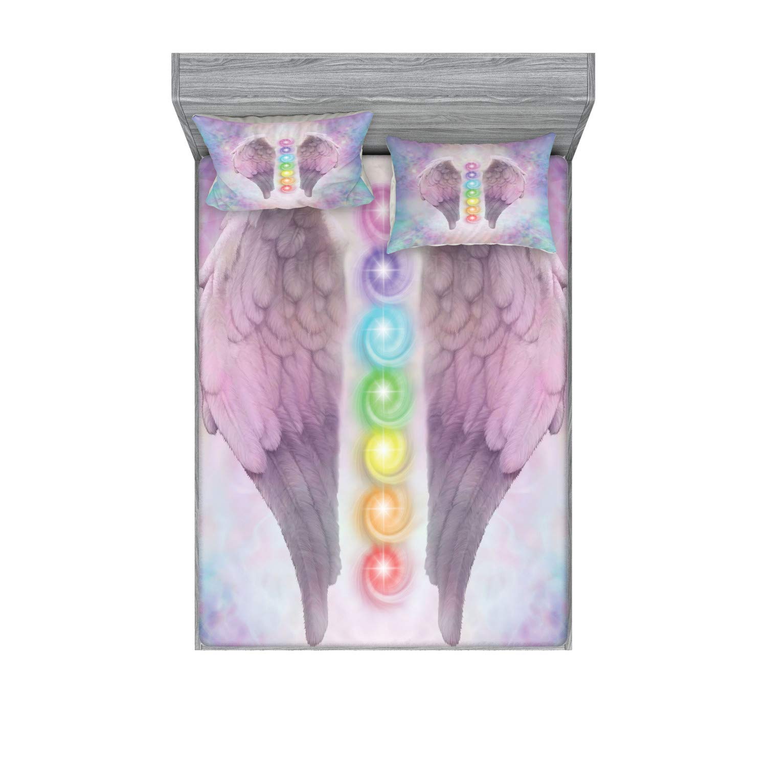 Ambesonne Angel Wings Fitted Sheet & Pillow Sham Set, Angelic Chakras Yoga Ethereal Pastel Psychedelic Theme, Decorative Printed 3 Piece Bedding Decor Set, King, Light Plum