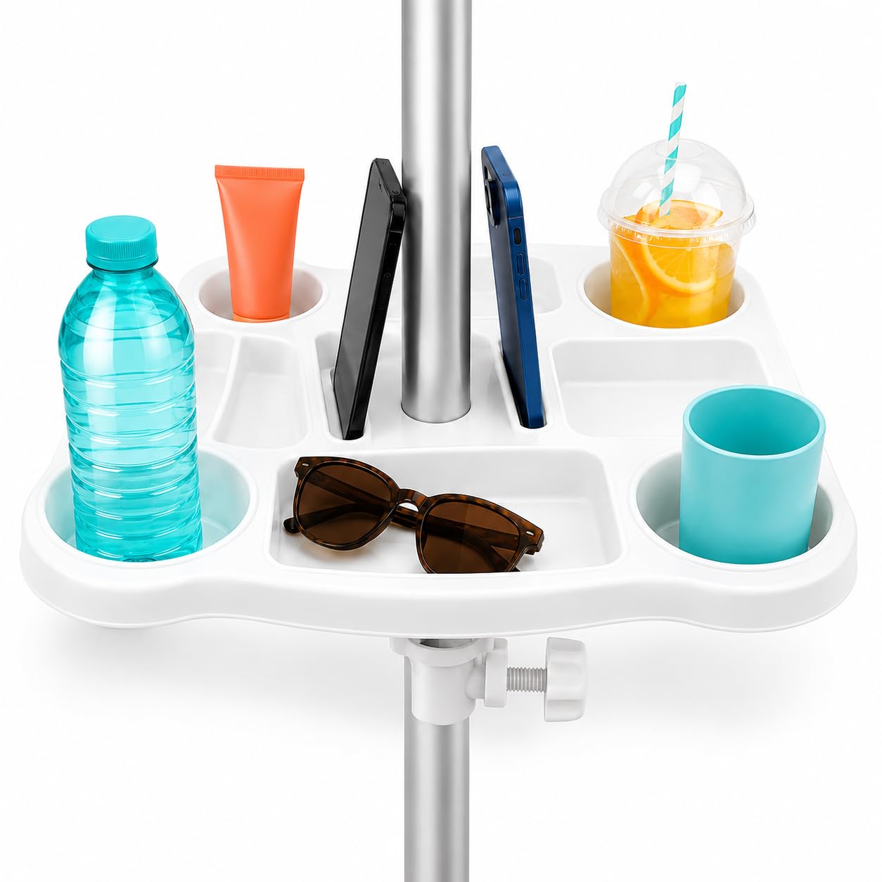 Tavolino Per Ombrellone Da Spiaggia Qualità Top 8 Scomparti E 2 Slot Per Smartphone 35x35 cm Portaoggetti Porta Bicchieri Bottiglie Con Morsetto Regolabile Ø22-40 mm Per Spiaggia Giardino Piscina