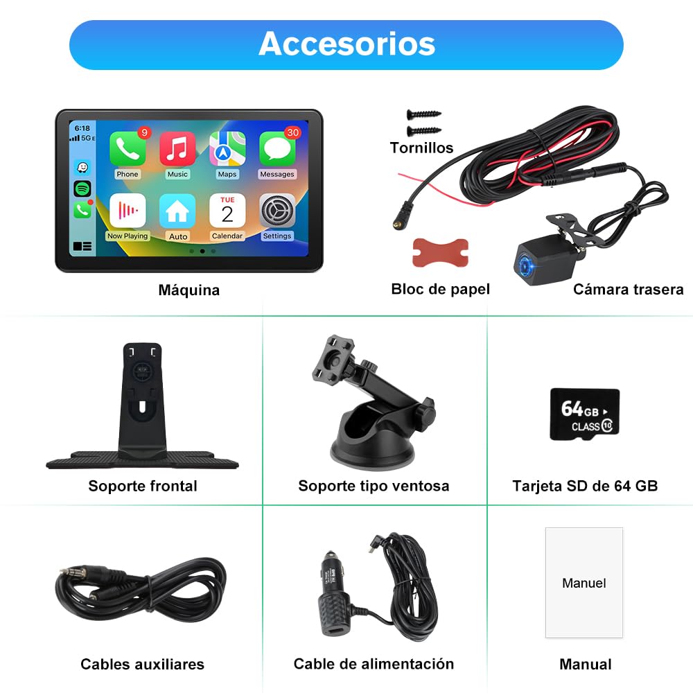 AWESAFE 9”Pantalla de Coche CarPlay/Android Auto/MirrorLink Inalámbrico, Reproductor de Pantalla Tactíl Admite 4K Dash CAM/Cámara de Trasera/Bluetooth/USB/SD/FM/Control por Voz