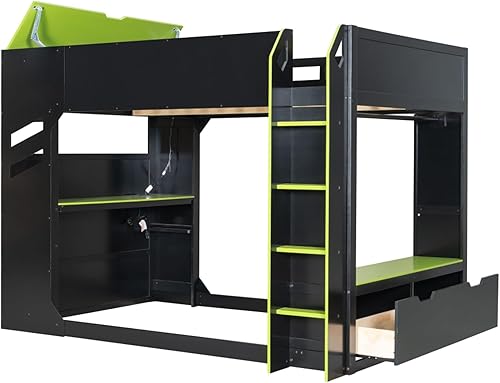Miniatura 16 de Cama loft de madera para juegos de tamaño matrimonial con escritorio para computadora y luces RGB, cama para juegos, armario abierto integrado y