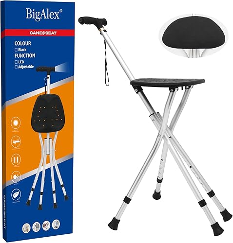 BigAlex Bastón para caminar con asiento, asiento ligero con LED para personas mayores, silla plegable ajustable para mujeres con 4 patas