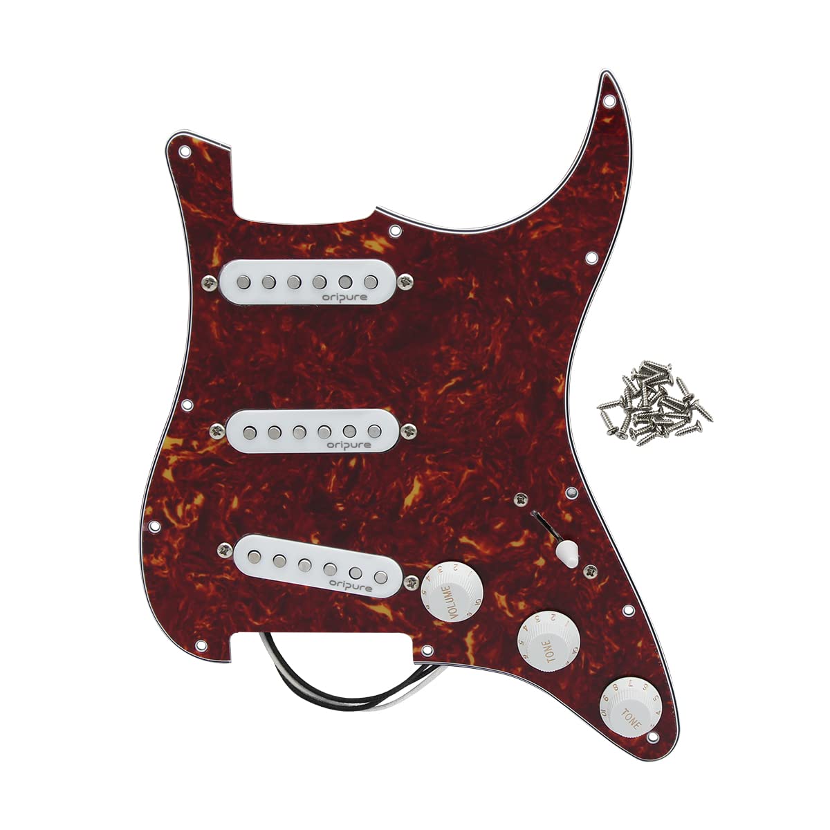 OriPure Alnico 5 SSS Prewired Loaded Guitar Pickguard Scratchplate with Staggered Alnico 5 Pickups Kit for ST ST Electric Guitars Replacement Parts Red Tortoise