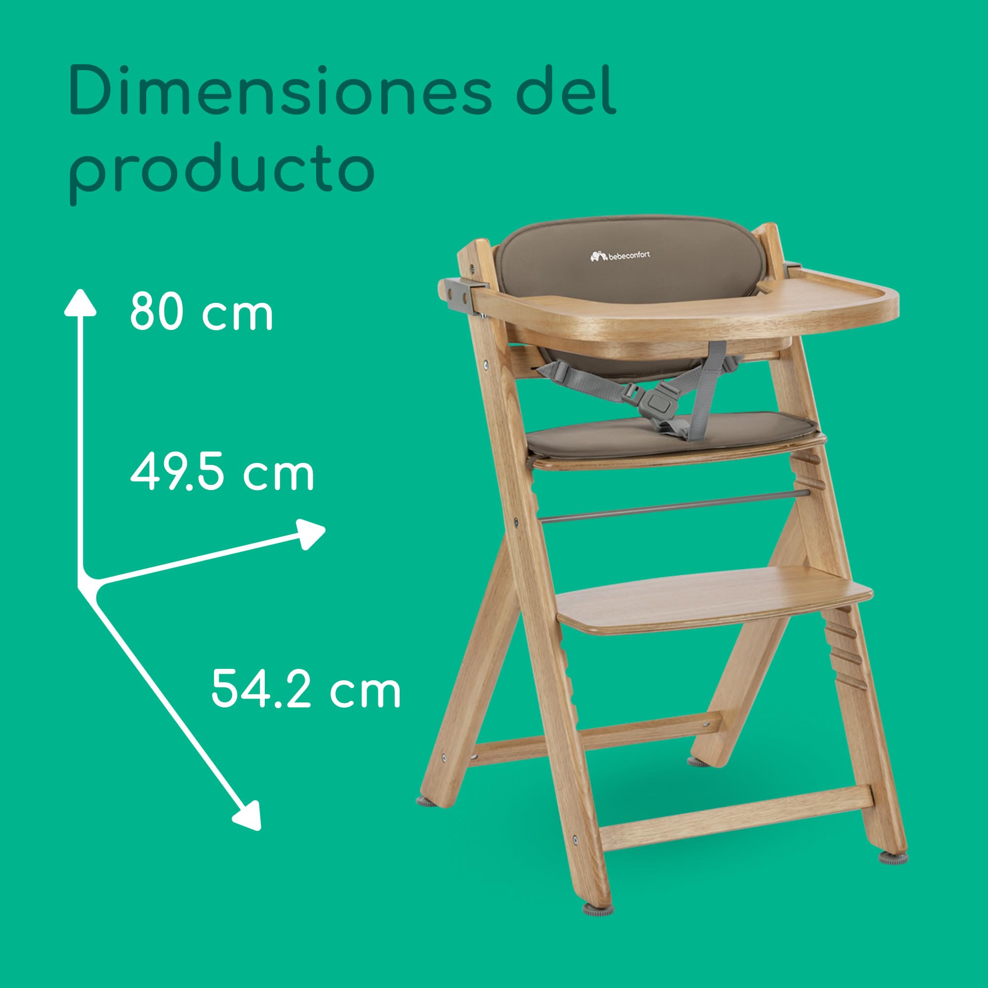 Bebeconfort Timba 2 con Cojín, Trona Bebé Evolutiva, Desde 6 meses hasta 110 kg, Silla Trona Bebé Comedor Ergonómica, Apta Todo Tipo Mesas, Bandeja Extraíble, Con Arnés, Natural Wood (Madera)+Beige