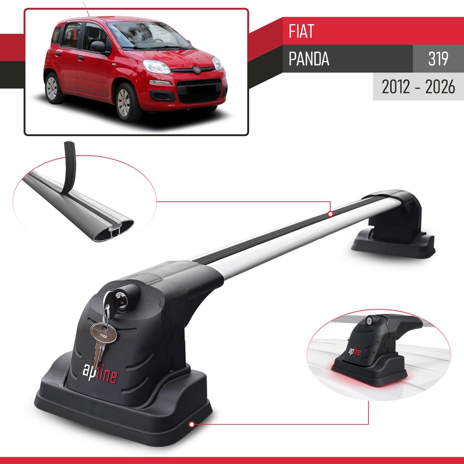 Compatible con Fiat Panda (319) 2012-2026 Modelo Ace-3 Barra de Techo Auto Portaequipajes Barras Transversales Gris Aluminio 2 Barras