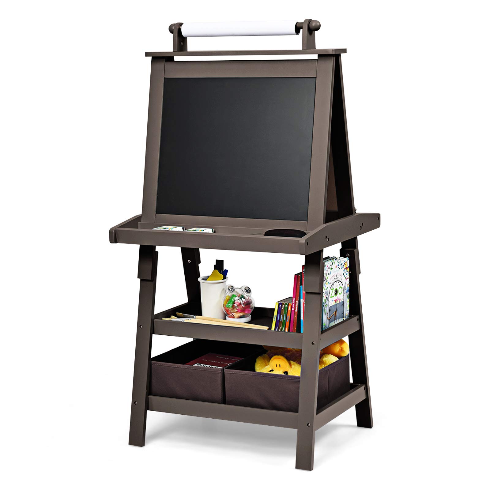 Maxmass 3 in 1 Kids Art Easel, Double-Sided Whiteboard & Chalkboard with Paper Roll, Art Drawing Board Stand for Nursery and Baby Toddler Junior Bedrooms (Coffee)