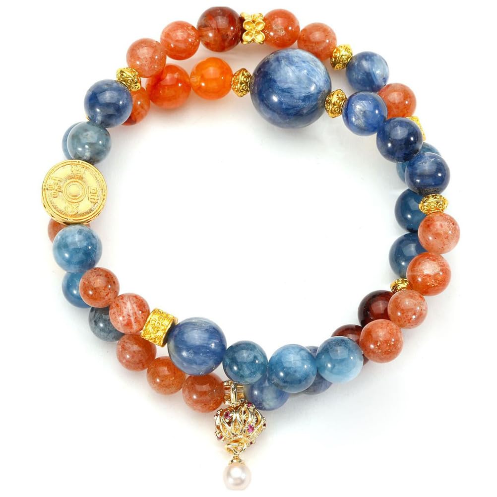 Bracelet en Cyanite Naturelle, Pierre de Soleil et Agate Rouge – Bijoux en Perles de Cristal Bleu, Or et Rouge pour la Communication, la Joie et la vitalité, Cadeau élastique