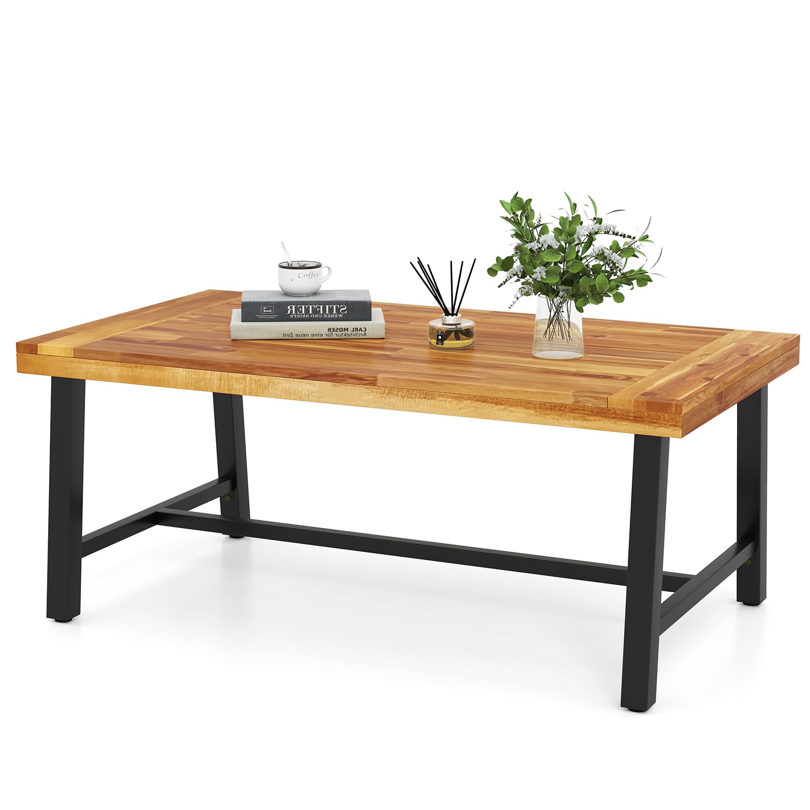 HAPPYGRILL Acacia Wood Patio Coffee Table, Outdoor Rectangular Center Table with Sturdy Metal Frame, Adjustable Leveling Feet, Tea Table for Balcony,