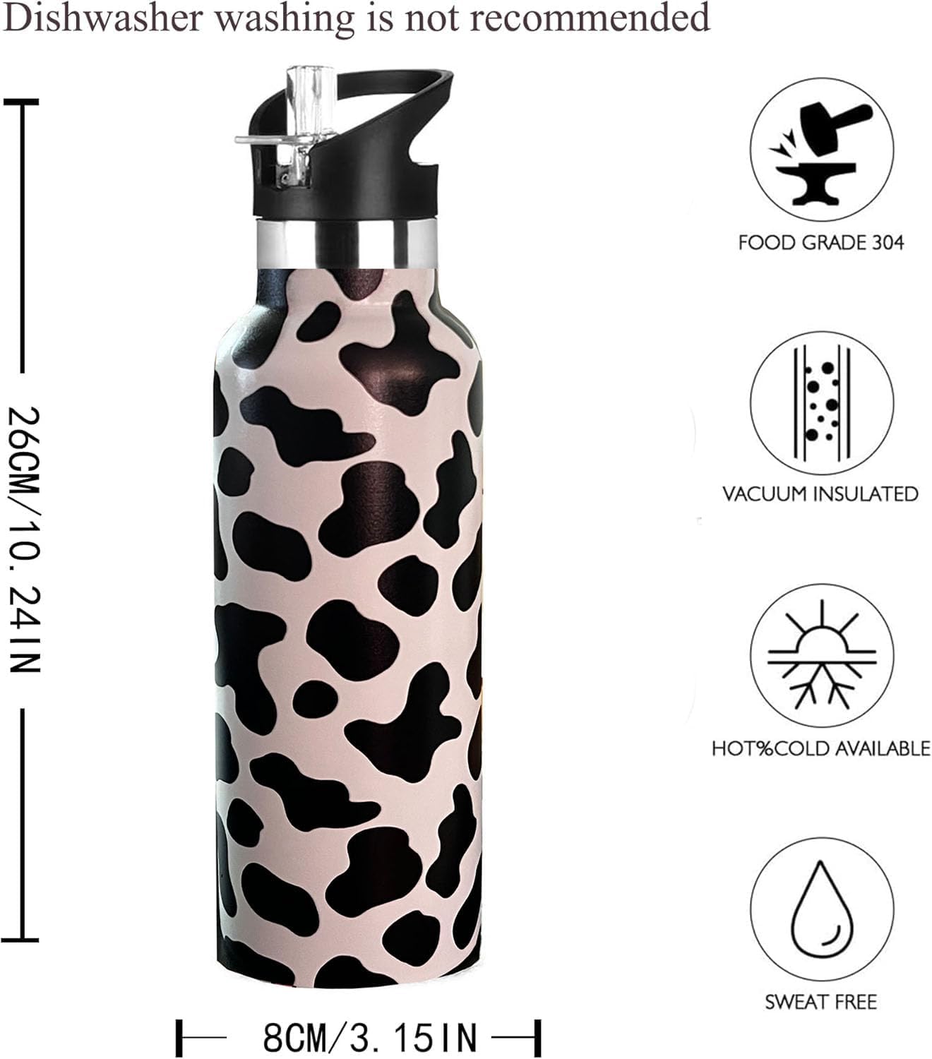 Kids Water Bottle with Straw,Cow Print Bottle Vacuum Insulated Stainless Steel Travel Mugs Tumbler For Sport School Outdoor 20 oz - Image 2