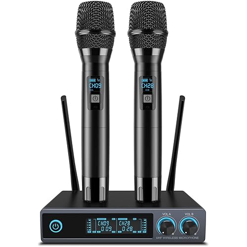 VeGue Wireless Microphone System, Metal Professional UHF Dual Channel Handheld Cordless Dynamic Mic Set for Home Karaoke,Church, DJ, Wedding, Meeting, Events, 200ft