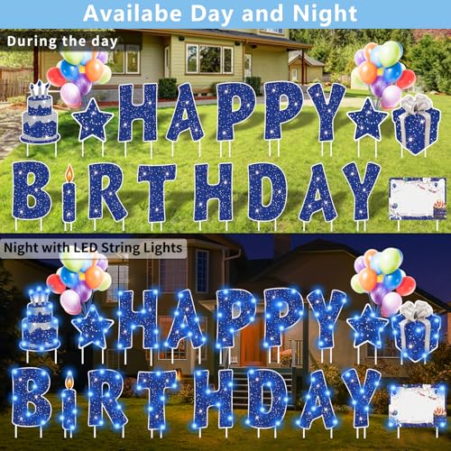 image for Rtshuok 18 Pcs Happy Birthday Yard Sign with 32.8 ft Led Light, 16” 