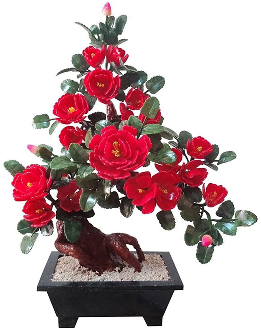 CAFIEDR Jade Carving Peony Flower Bonsai Feng Shui Gemstone Decoration Office Home Creative Bedroom Decoration Chinese Bonsai Decoration.