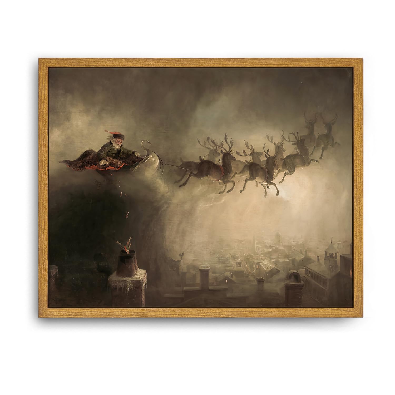 Roslynity Framed Canvas Wall Art Vintage Print Christmas Santa Claus Paintings Sleigh Reindeers Winter Xmas Gift Retro Aesthetic Artwork for Home