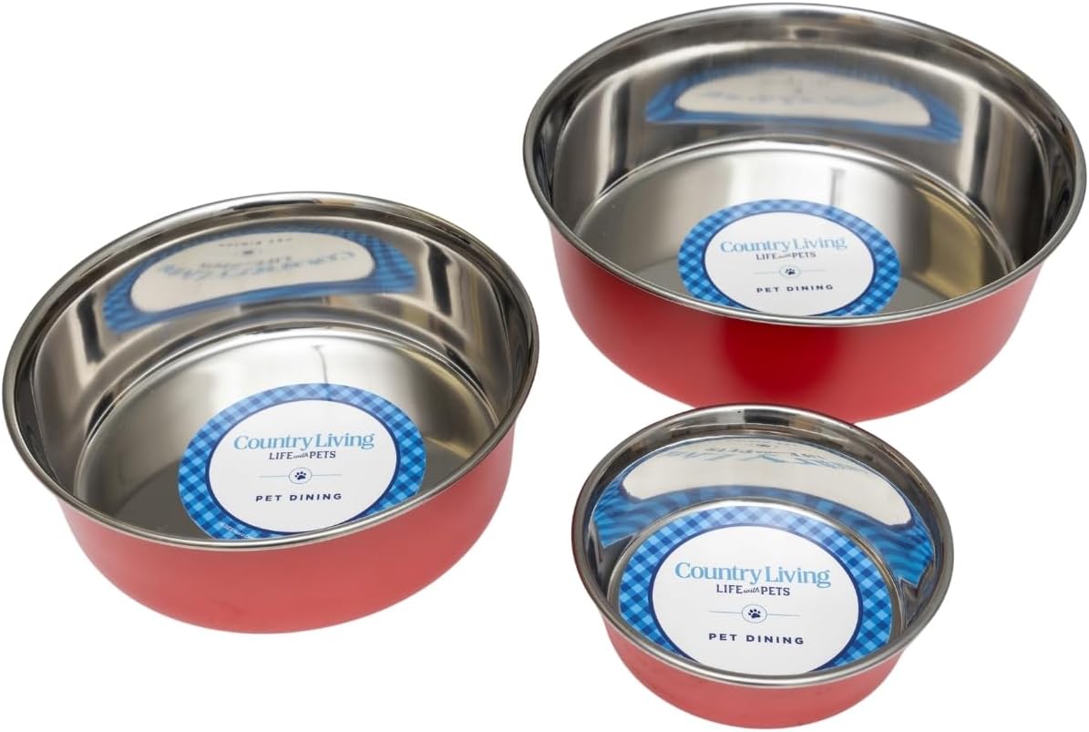 Country Living Set of 2 Heavy Gauge Stainless Steel Dog Bowls - Non-Skid, Durable & Rust-Resistant - Perfect for Food & Water - Vibrant Red, 96 oz Capacity