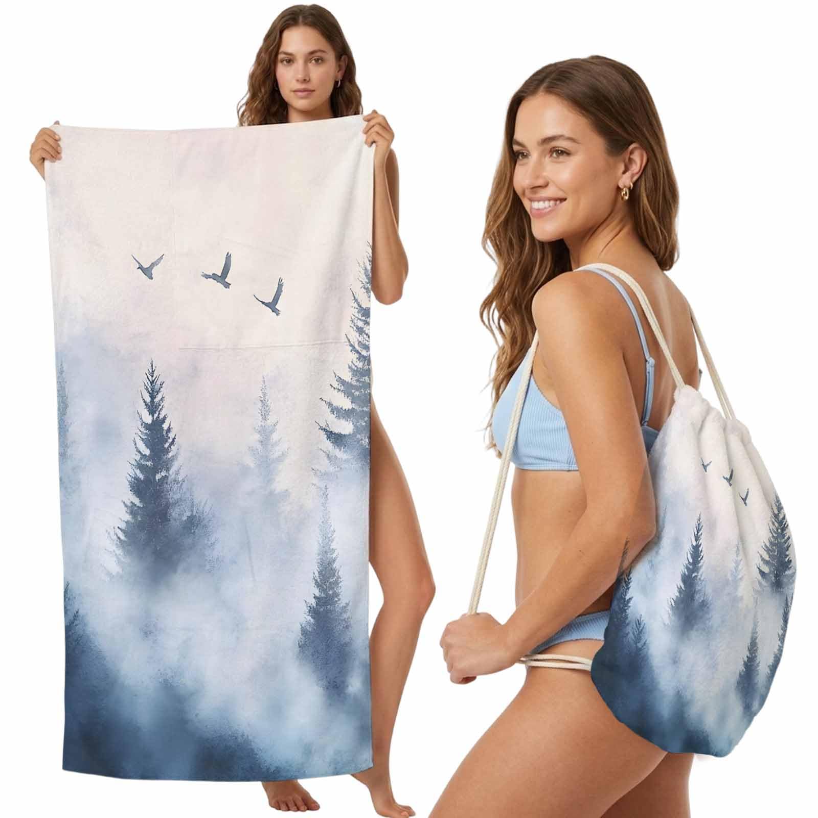 FWJZDSP Beach Towel Backpack Convertible Watercolors Blue Sand Free Quick Dry Towel Bag Mountain Sky Beach Towel with Adjustable Straps for Travel Swimming Pool Beach Accessories 31.5x63in