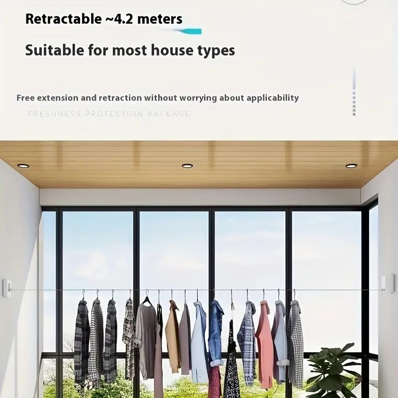 Image of HASTHIP 4.2m /13.7ft Retractable Clothesline, No Drill Stainless Steel Clothesline Laundry Dry Rope Indoor /Outdoor Wall Mounted Clothesline, One Button to Retract, Adjustable Tension