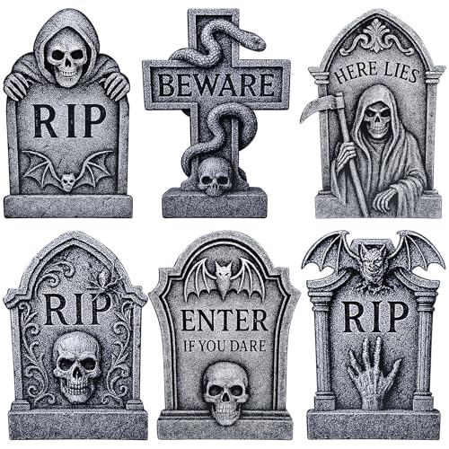 6 Pack Halloween Tombstone Yard Signs RIP Graveyard Decorations with Skull Skeleton and Grim Reaper Designs for Outdoor Lawn Garden and Haunted House Props