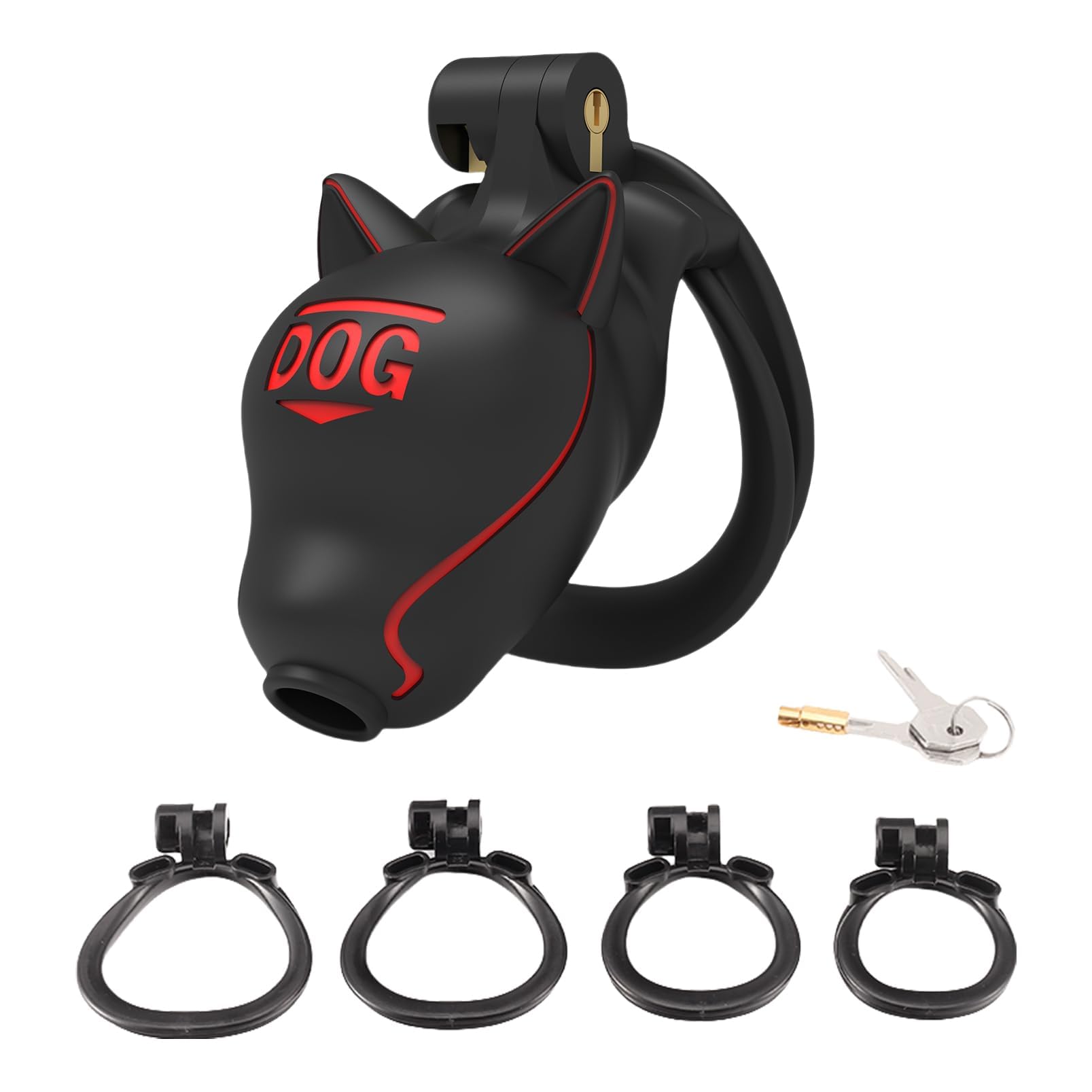 Ensemble de cage de chasteté masculine en forme de tête de chien, cage à pénis en résine nylon avec 4 tailles d'anneaux à pression et 2 clés jouets sexuels de chasteté (Dog)
