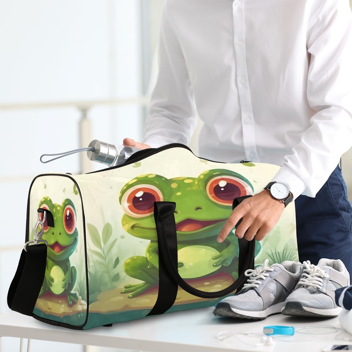 Cute Watercolor Frogs Travel Duffel Bag for Women Men Large Capacity Overnight Weekender Bags for Lightweight Waterproof Sport Gym Bag for Workout Yoga Swim