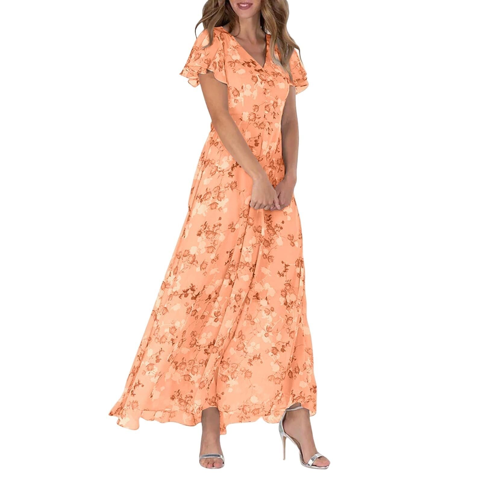 Lockenstab Women's Chiffon Floral Maxi Dress - Summer Elegant Boho Long Flowy Dresses Ruffle Sleeves V Neck Vacation Beach Outfit Wedding Guest Engagement Cocktail Party(Orange,XXXL)