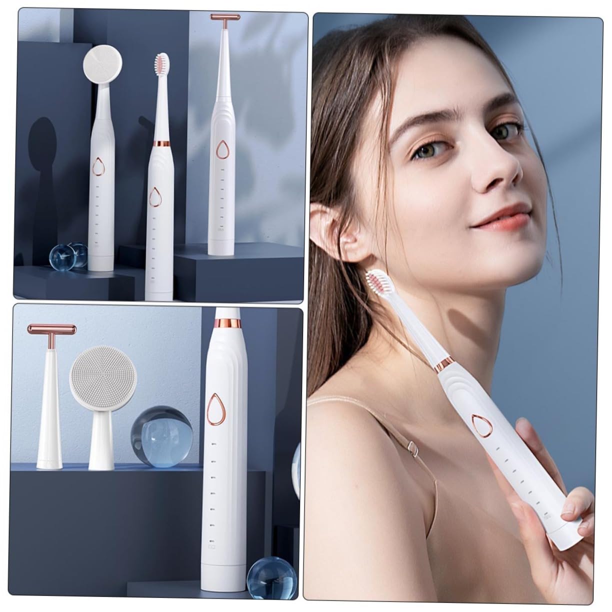 SHERCHPRY Spazzolino Elettrico 3 in 1 Ricaricabile Testine Interchangeable, Ipx7 per Pulizia Denti, Gengive e Viso