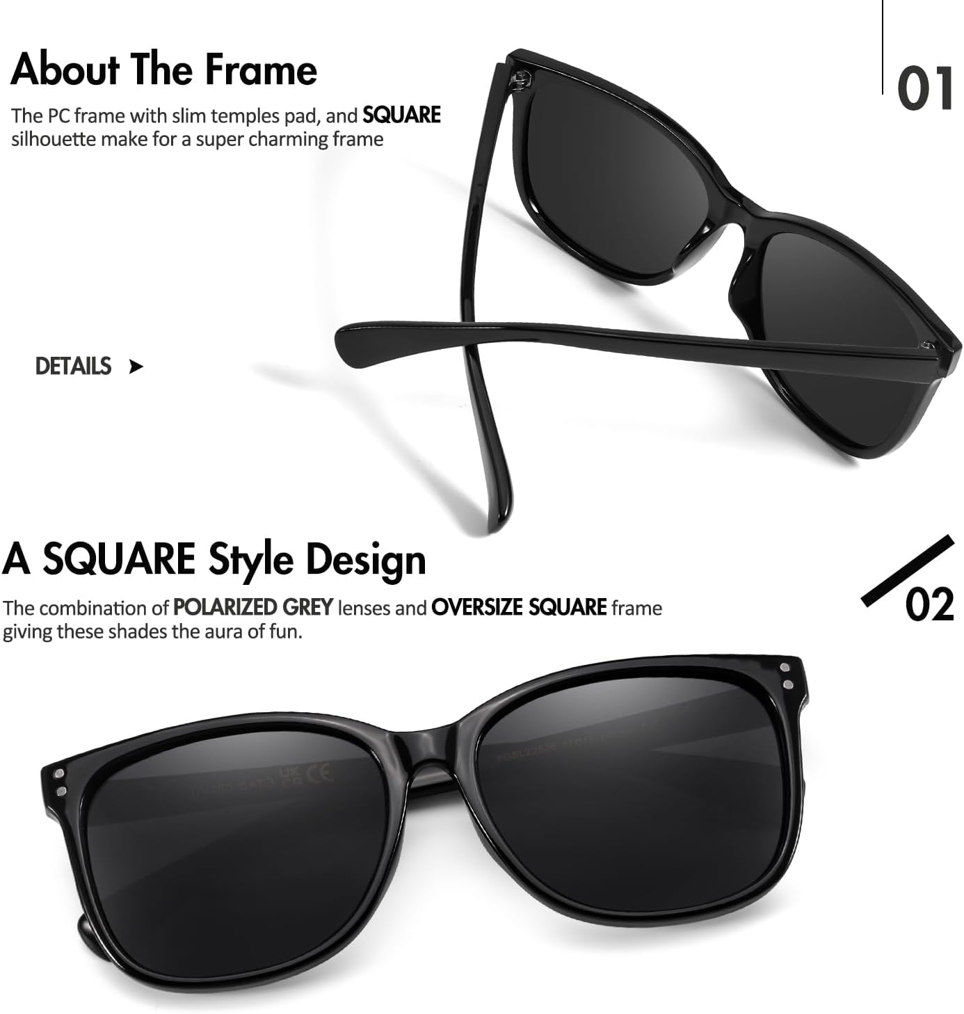 Square Polarized Sunglasses for Women - Womens Classic Style UV400 Protection Lens Sun Glasses - Image 3