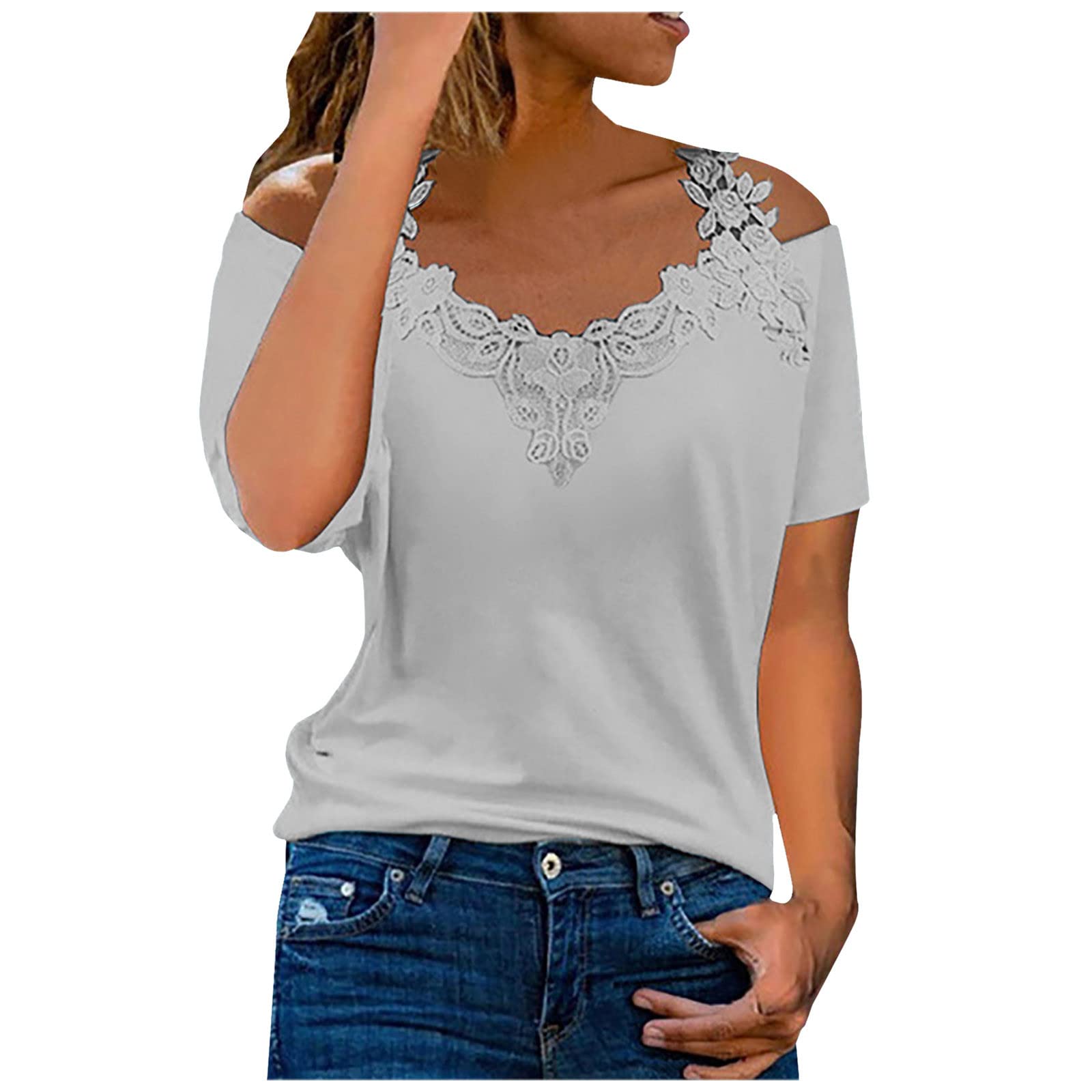 Lace Crochet Cold Shoulder Tops for Women Trendy Summer Short Sleeve Tunic Shirts Casual Loose Strappy Blouses