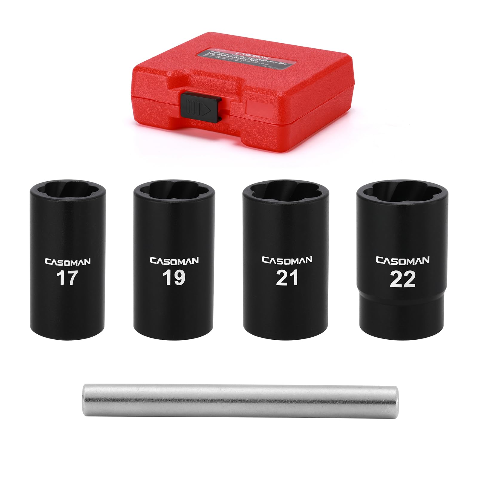 CASOMAN 5 Pieces 1/2" Dr. Twist Socket Set, Lug Nut Remover Tool, Metric Bolt and Lug Nut Extractor Socket Tools
