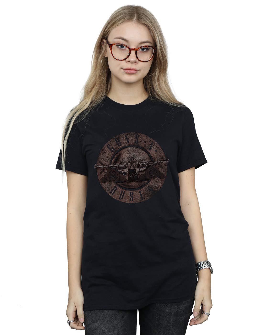 Absolute Cult Women's Black Guns N Roses Sepia Bullet Boyfriend Fit T-Shirt Medium