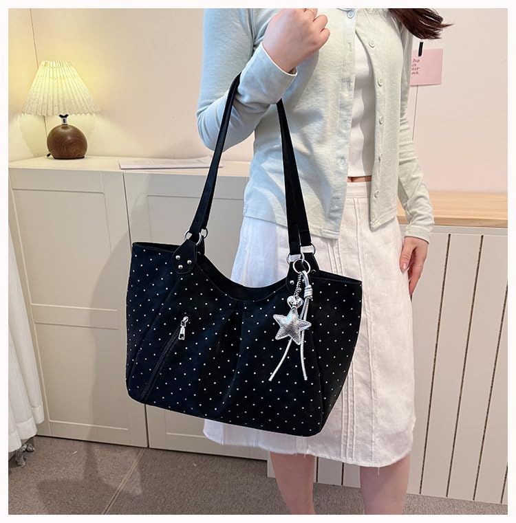 Bolso tote con estampado de lunares para mujer, bolso bandolera Y2K con colgante de estrella, bolso hobo grande para escuela, trabajo y viaje miniatura 3
