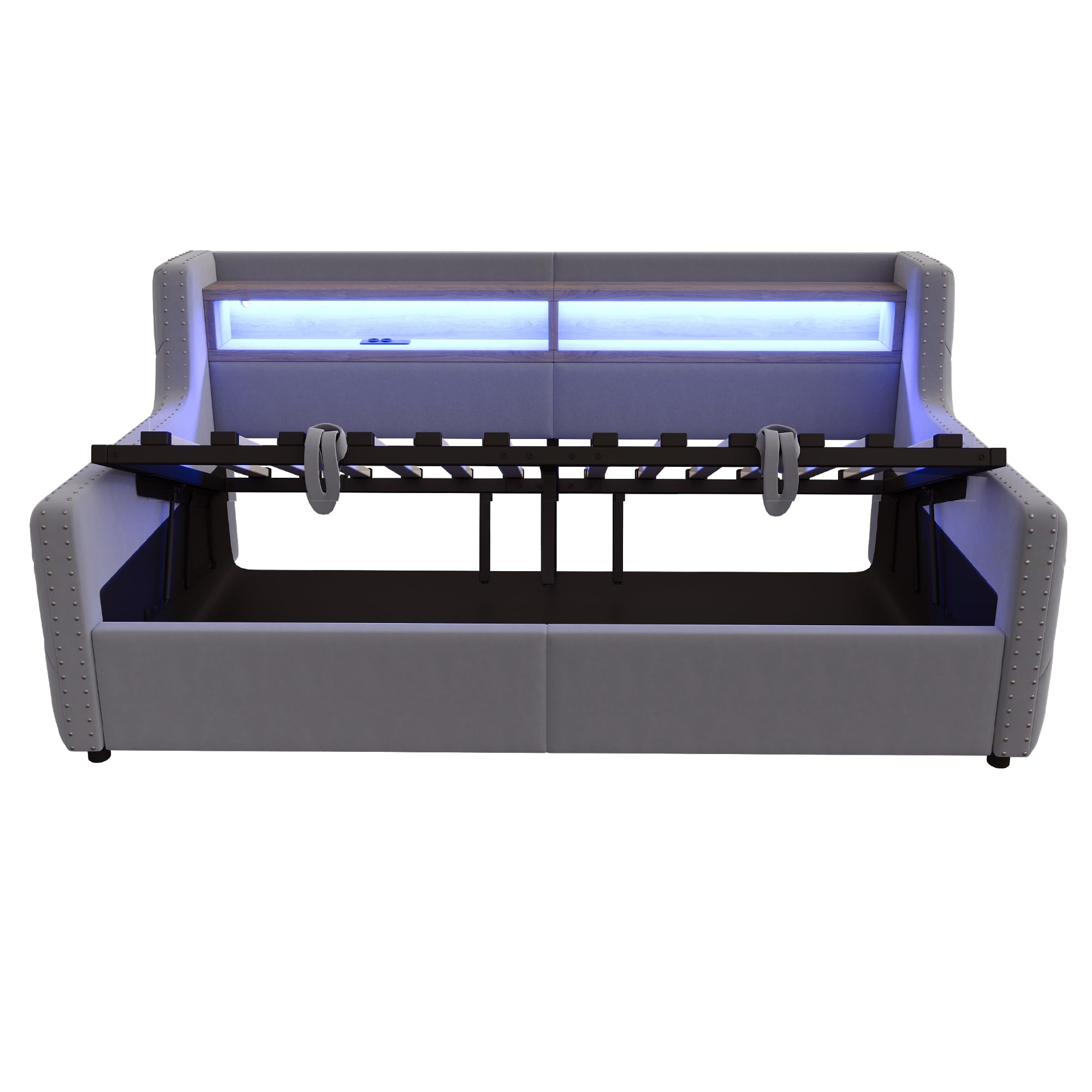 Schlafsofa Kinderbett 90x200 mit LED Streifen und USB Anschluss | Polsterbett Einzelbett mit Hydraulisch Stauraum, Stauraumbett Bett Bettgestell mit Lattenrost, Ohne Matratze, Samt,Dunkelgrau
