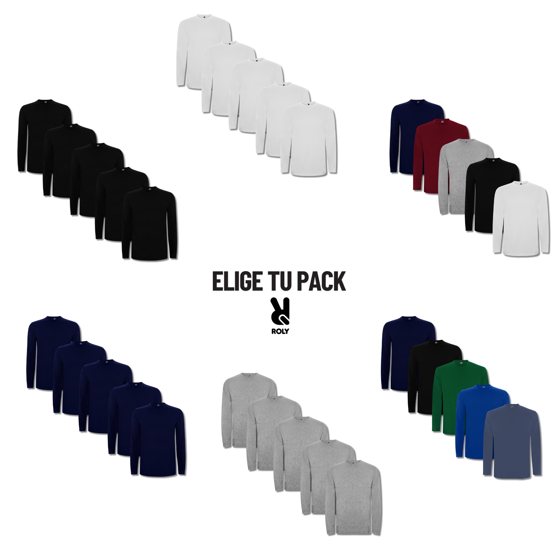 Roly Pack 5 Camisetas Manga Larga Hombre Extreme 1217 – Camisetas básicas 100% algodón, cómodas, Lisas y Resistentes