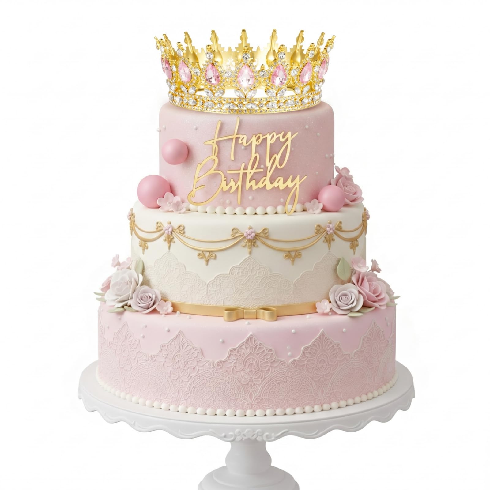 Otuuz 8 Pcs Pink and Gold Queen Crown Cake Topper, Happy Birthday Cake Toppers Foam Balls Rhinestone Crystal Tiara Wedding Decoration for Princess Party Photo Props for Women Princess