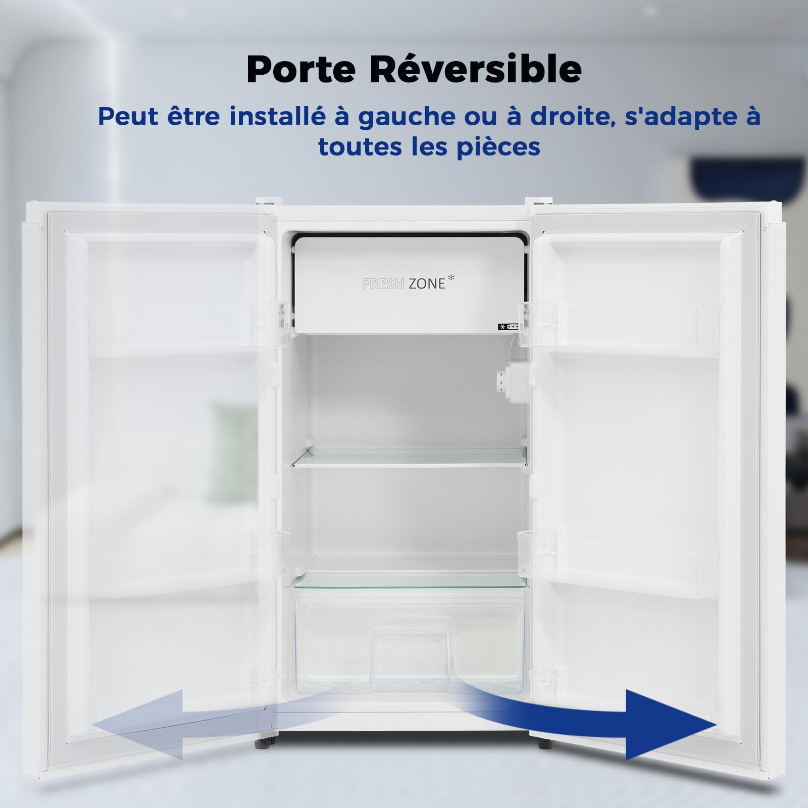 Smad Mini Frigo, 91L, Thermostat Réglable à 7 Niveaux, 2-8℃, Zone de Fraîcheur -3-0℃, Porte Réversible, Petit Frigo Silencieux pour Chambre, Hôtel, Studio, Bureau, Blanc