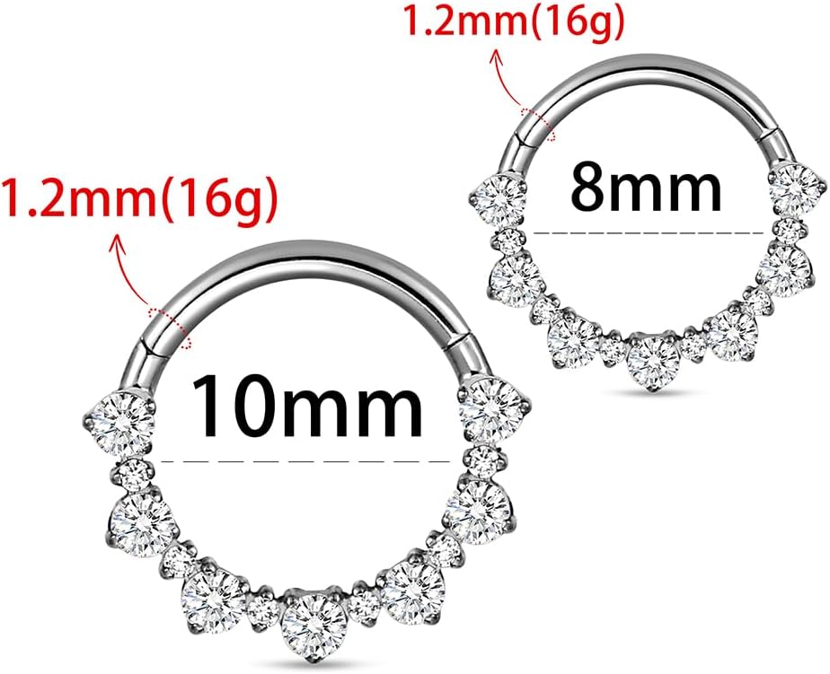 ASTM F136 Titanium Septum Rings,16G/8-10mm CZ Floral Nose Ring Hoops, Helix Cartilage Clicker Hoop Earrings, Rook Daith Tragus Piercing Rings for Women Men Silver - Image 2