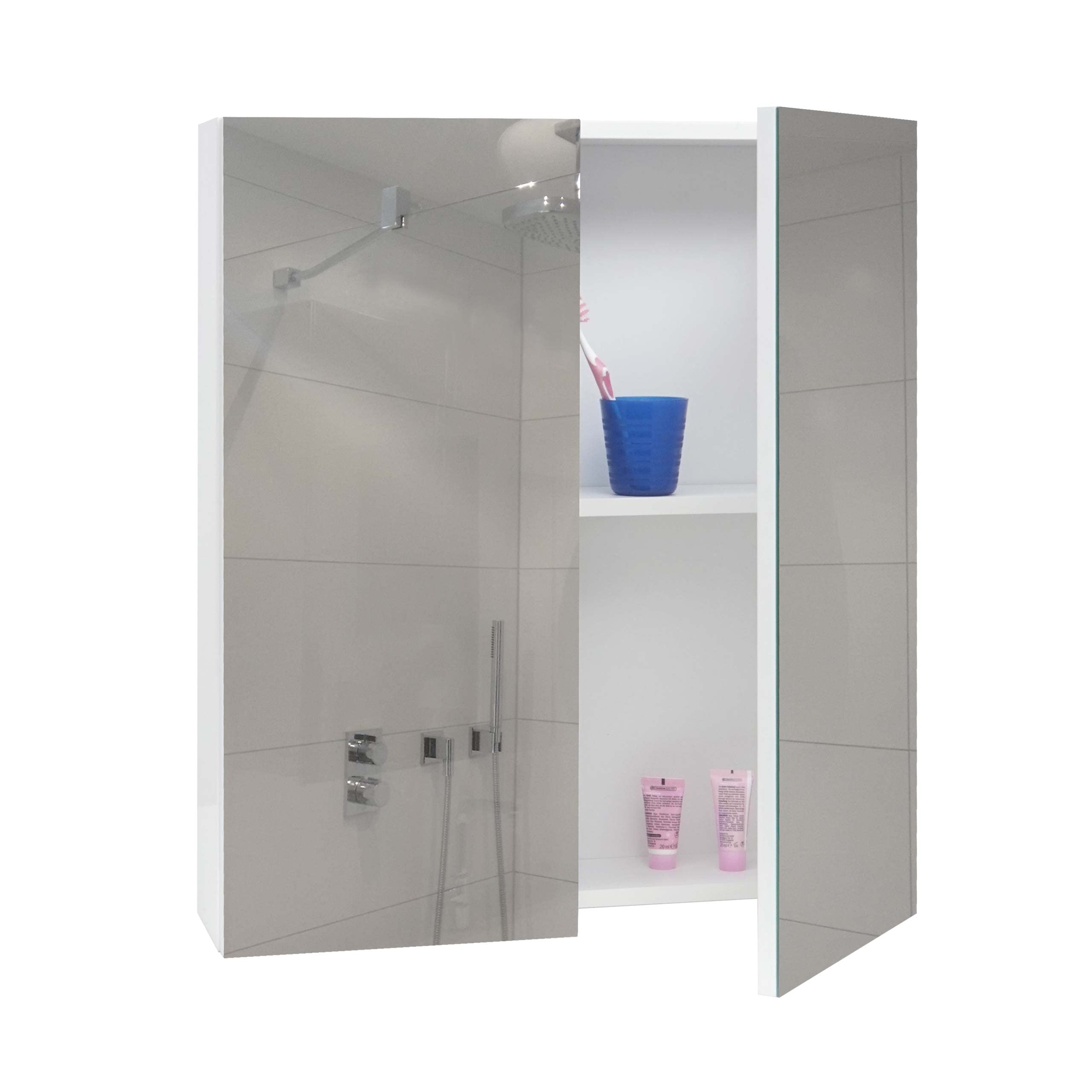 Mendler Szafka z lustrem HWC-B19b, szafka łazienkowa, szafka wisząca, 2 półki, wysoki połysk, certyfikat FSC, 70 x 60 x 16 cm, biała